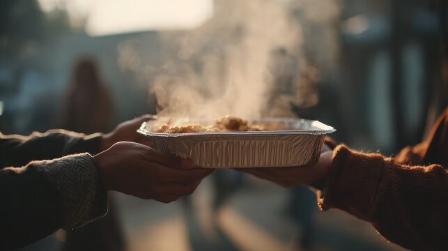 Hands Passing a Steaming Meal in an Aluminum Takeaway Tray