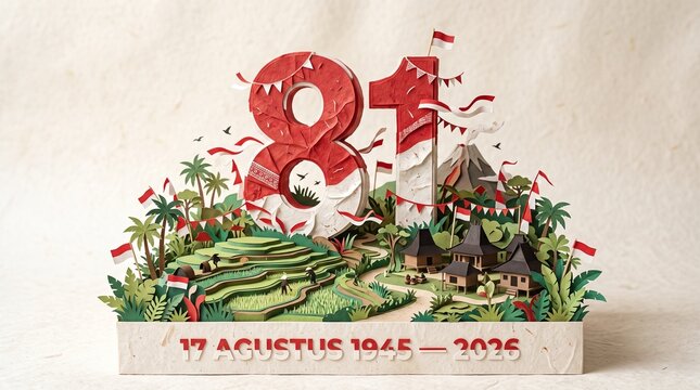81st Indonesian Independence Day 2026 Celebration Illustration with Red White Flag, Number 81, Tropical Landscape and 17 August 1945&ndash;2026 Anniversary
