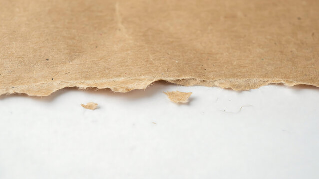Torn piece of brown craft paper with rough edges isolated on white background