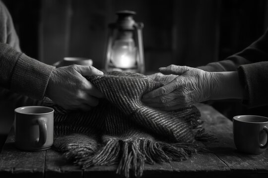 Elderly hands receiving a knitted blanket across a rustic table by lantern light