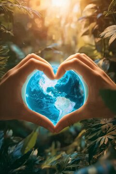 Hands Forming a Heart Around a Glowing Earth in a Lush Forest