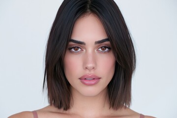 Fototapeta premium Portrait of a Young Woman with Natural Makeup and Short Hair on White Background