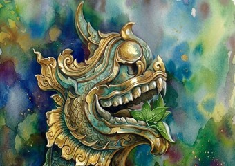 Naklejka premium A ornate golden Naga watercolor painting holding green leaves, set against a vibrant colorful background.