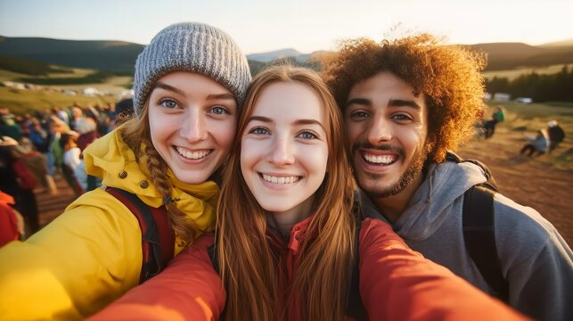Three smiling young friends taking a selfie at an outdoor countryside festival