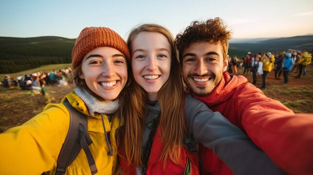 Three smiling friends taking a group selfie at an outdoor gathering