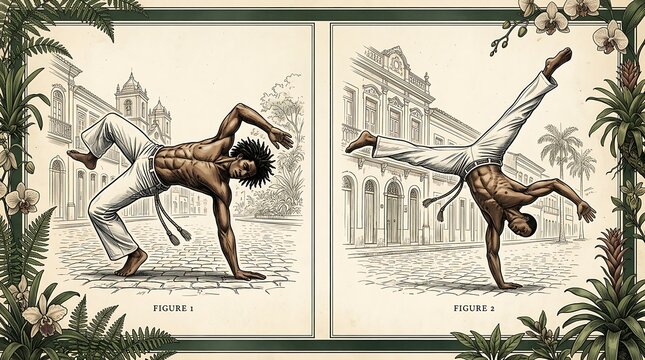 Vintage style artwork of men performing capoeira movements