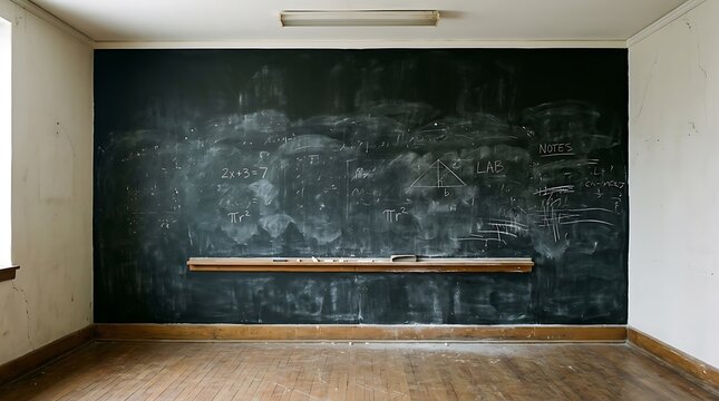 Empty square room with ChalkBoard texture black background. Classroom old blackboard surface with chalk stains.