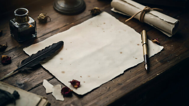 Vintage writing desk with blank parchment paper, quill pen, fountain pen, and inkwell on a rustic wooden table