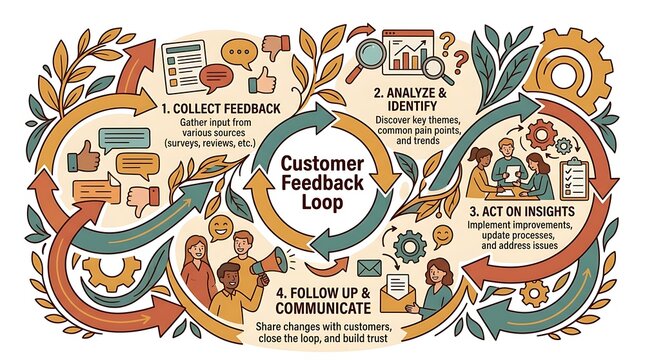 Customer feedback loop infographic showing business process stages