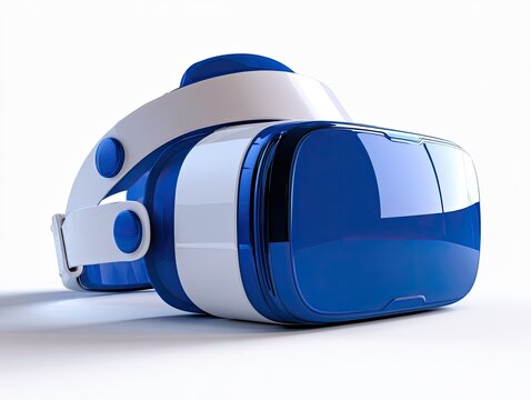 Futuristic Blue and White Virtual Reality Headset on White Background.