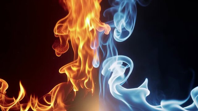 Dynamic dance of contrasting flames with fierce fire embrace and vibrant burning energy