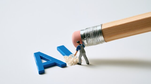 Miniature worker erasing AI text with a pencil eraser.