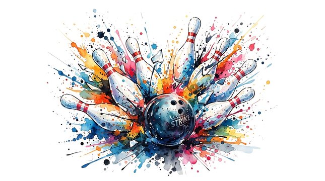 Bowling ball striking pins colorful splash abstract