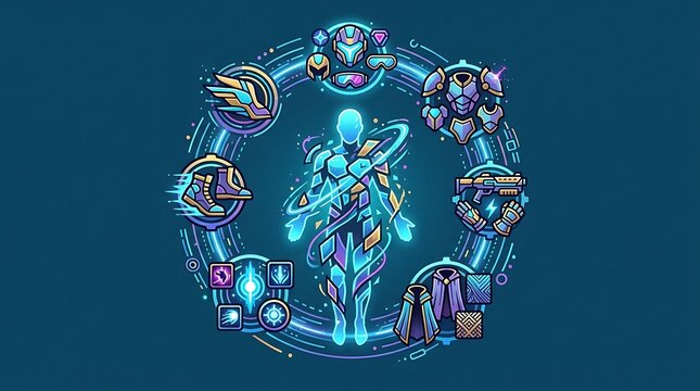 Futuristic character customization interface with glowing gear icons