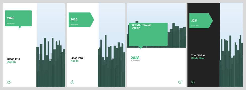 Professional business report template set featuring a modern minimalist design with a clean layout and a transparent background for corporate branding