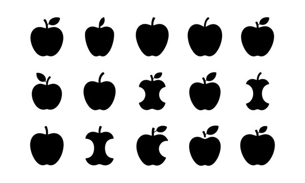 Apple fruit black silhouette icons set for healthy food and apps.