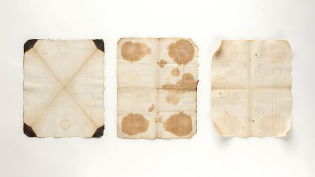 Three old vintage paper sheets with stains and fold marks isolated on white background