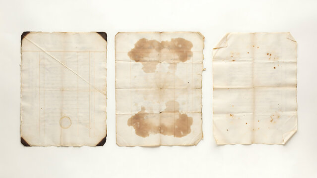 Three old vintage blank paper sheets with stains and creases isolated on white background