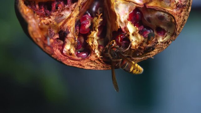 A wasp crawls on a decaying pomegranate hanging outdoors, feeding on exposed red seeds in a closeup of insect activity and fruit decomposition.