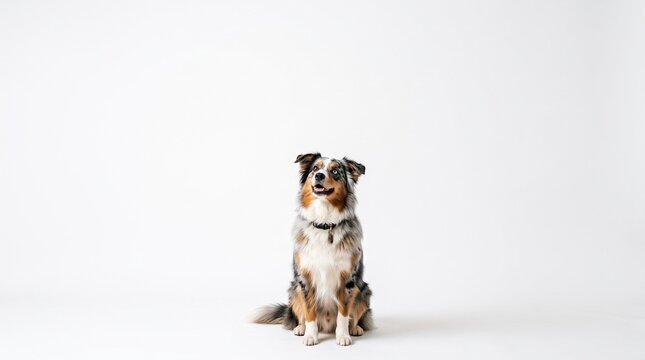 australian shepherd dog sitting and looking up with a expression