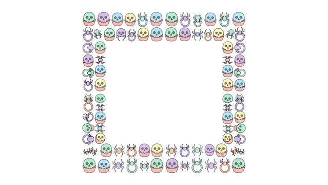 Whimsical Border with Emojis and Spiders: A decorative border crafted from pastel-colored emoji faces and small spider icons, framing an empty square space.
