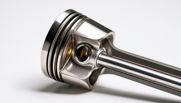Close-up of a polished metal piston and connecting rod assembly.