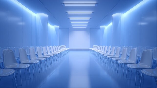 Modern conference room with blue lighting, empty chairs, contemporary office interior, corporate meeting space, professional business environment, executive boardroom, workplace collaboration setting,