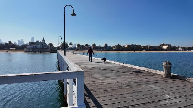 Boardwalk of Kerferd Road Pier as a person walks their dog on a leash toward the shoreline, featuring the distant Melbourne city skyline, beachfront houses&nbsp;in Albert Park, Victoria, Australia.