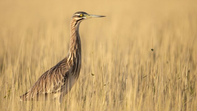 Elegant heron standing in golden grass field at sunset