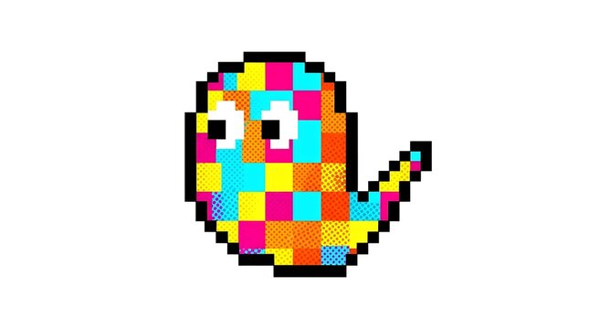 Pixelated cartoon creature with colorful square pattern
