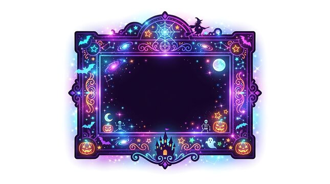 Ornate halloween frame with glowing neon lights and spooky elements