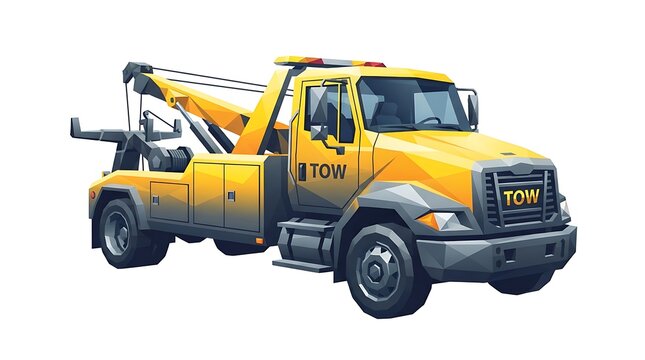 Yellow tow truck with lifting arm and warning lights