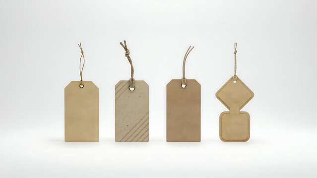 Set of four different blank kraft paper tags with string isolated on white background