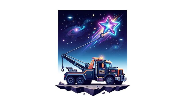 Tow truck hoisting glowing star in cosmic scene