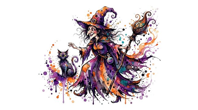 Whimsical witch with black cat and broomstick watercolor illustration