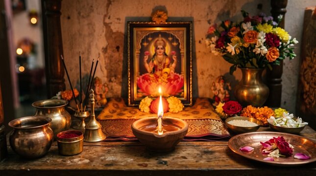 Samvatsari final puja atmosphere, small clay lamp glowing in dimly lit room, framed by Jain iconography and traditional items