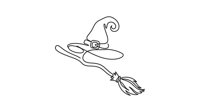 Witch hat and broomstick continuous line drawing