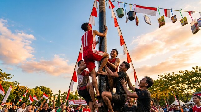 Traditional Panjat Pinang Pole Climbing Teamwork Competition with Copy Space