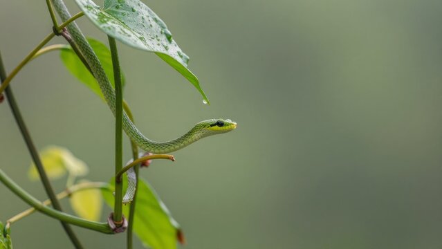 Green Snake Climbing on a Leafy Vine in a Lush Forest Setting