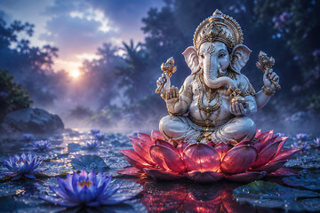 Obraz premium White marble statue of lord ganesha seated on a glowing pink lotus flower in a misty pond at sunset with purple and blue ambient lighting