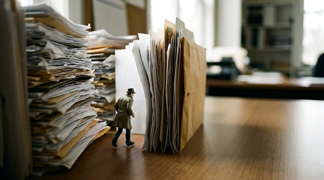 Miniature man navigating through massive stacks of office files