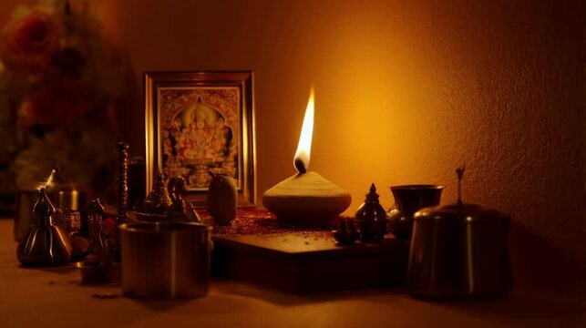 Samvatsari final puja atmosphere, small clay lamp glowing in dimly lit room, framed by Jain iconography and traditional items