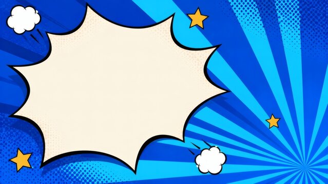 Comic Book Explosion Speech Bubble: A dynamic blue retro comic book background features a large, empty speech bubble and starburst elements, perfect for adding text and conveying excitement.