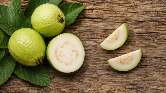 Fresh green guavas and slices arranged on a rustic wooden background