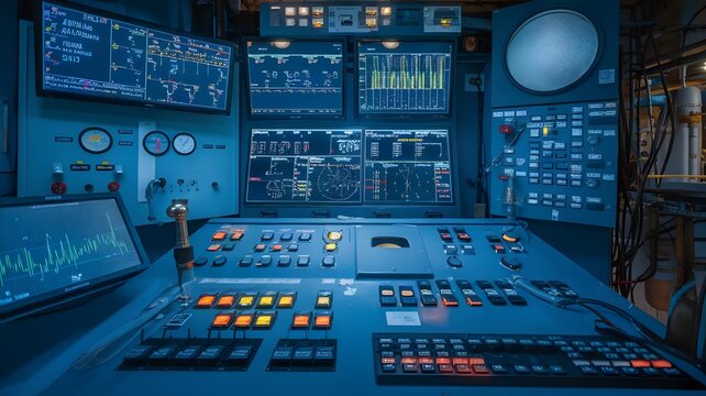 Futuristic submarine control room with glowing blue monitors, advanced naval bridge dashboard with radar displays, high-tech submarine cockpit interior