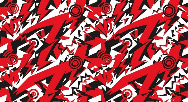 Urban camouflage seamless pattern with red lightning bolts and shards