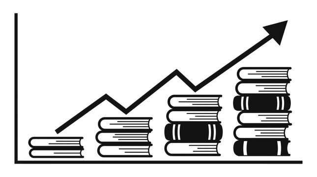 Educational achievement graph featuring book stacks as bars and a soaring arrow representing success
