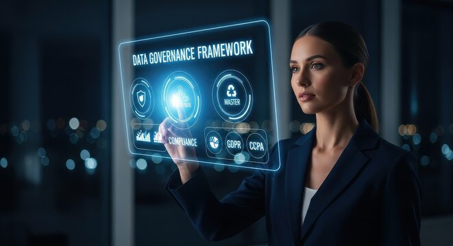 Businesswoman Interacting with Futuristic Data Governance Framework Digital Interface for GDPR and CCPA Compliance