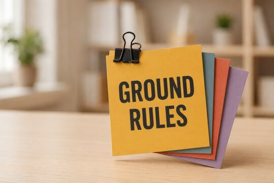 Ground Rules on Sticky Notes: A close-up shot features a stack of colorful sticky notes, with the top yellow note clearly displaying GROUND RULES in bold black lettering, held by a binder clip.