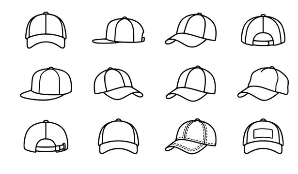 Baseball cap thin line vector icon collection featuring classic sports fashion and casual headwear designs isolated on white